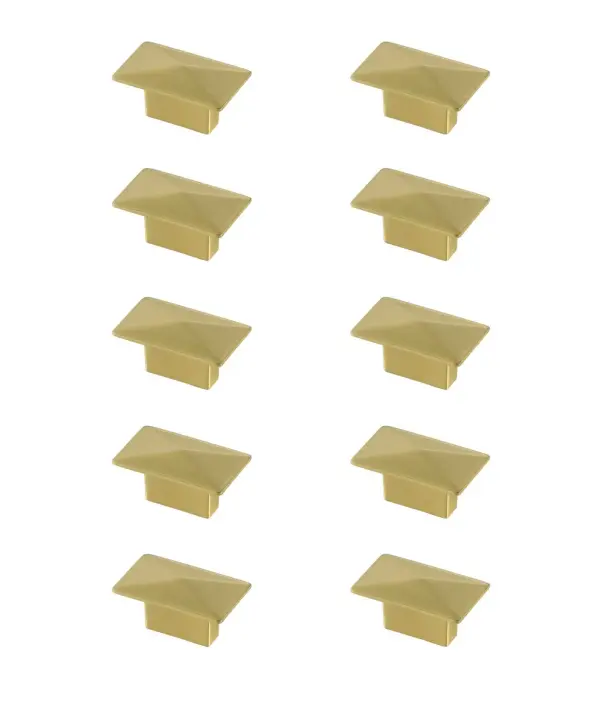 The stunning rectangle drawer knobs are a fabulous upgrade to any kitchen, bathroom, or furniture. They are easy to install and provides a beautiful accent to your furniture. Each of the hardware conveniently comes with two sets of mounting screws to save your time and trip to the hardware store. The ten pack hardware is packaged individually to protect scratches of your timeless investment during shipping. Collection: Perry Rooms: Bathroom, Kitchen Finish: Brushed Gold Width: 1.10" Height: 1.90" Length: 1.90" Weight: 1.50 lb Extension from Wall: 1.00" Material: Metal Country of Origin: China Manufacturer Warranty: 1 year limited