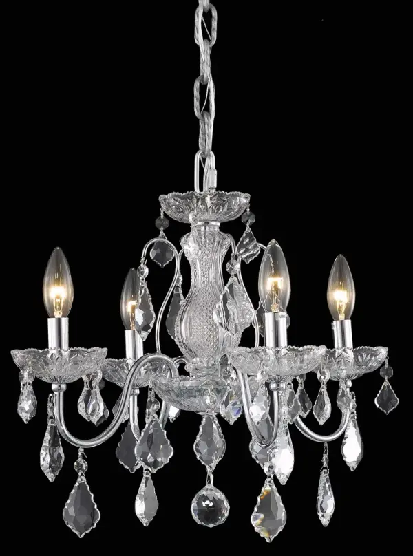 An updated look at the traditional chandelier genre, Calista collection hanging fixtures are a stunning presence in a dining room, living room, or stairwell. Sweeping, curved arms and a Crystal-covered steel frame in chrome or dark bronze form the gorgeous base of this eye-catching design. Resplendent with sparkling clear royal-cut Crystal pendalogues and dainty Crystal bobèches, Calista chandeliers are a divine addition to your home. Collection: Calista Rooms: Entryway, Dining Room, Bedroom, Hallway, Office, Foyer Finish: Chrome Crystal: Clear Width: 17.00" Height: 15.00" Length: 17.00" Weight: 9.00 lb Chain: 60"Chrome Wire: 82.6" Clear Canopy: 5.11"x1.26" Number of Bulbs: 4 Maximum Wattage: 40.00 W Bulb Type: B10 Bulb Base: E12 Dimmable Voltage: 110.00 V Material: Steel Country of Origin: China Safety Listing: ETL Safety Rating: Dry Title 20 Title 24 Manufacturer Warranty: 1 year limited