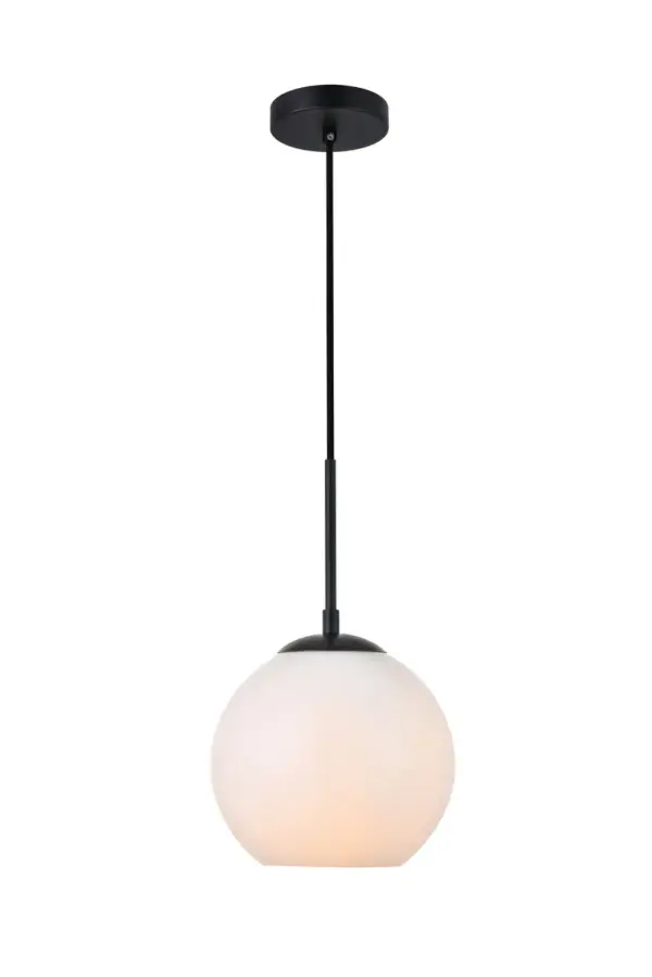 Refined style with a practical design, Baxter hanging pendant lamps bring cosmopolitan sophistication anywhere, especially to an entryway, office, bathroom, bedroom, or kitchen. The smooth iron frame features a disk-shaped canopy and comes in a black finish. An adjustable black cord allows you to vary the hanging height from 14 to 68 inches. The frosted white spherical glass shade remains open at the center to allow for effortless replacement of the filament-style bulb (not included). Living in the big city has never been this easy. Collection: BAXTER Rooms: entryway, office, bathroom, bedroom, or kitchen Finish: Black and frosted white Glass: Frosted White Width: 7.90" Height: 8.00" Length: 7.90" Weight: 3.00 lb Chain: 60`` Wire: 60" Black Canopy: 4.7"x1"x4.7" Number of Bulbs: 1 Maximum Wattage: 40.00 W Bulb Type: E26 Bulb Base: E26 Dimmable Voltage: 110.00 V Material: Iron and Glass Country of Origin: China Safety Listing: ETL Safety Rating: Dry Title 20 Title 24 Manufacturer Warranty: 1 year limited Spec Sheet
