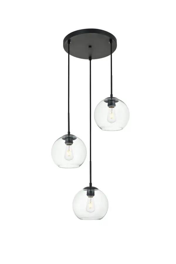 Refined style with a practical design, Baxter hanging pendant lamps bring cosmopolitan sophistication anywhere, especially to an entryway, office, bathroom, bedroom, or kitchen. The smooth iron frame features a disk-shaped canopy and comes in a black finish. Adjustable black cords allow you to modify the hanging height from 14 to 87 inches. Three identical clear spherical glass shades are suspended at varying heights and remain open at the center to allow for effortless replacement of the filament-style bulbs (not included). Living in the big city has never been this easy. Collection: BAXTER Rooms: entryway, office, bathroom, bedroom, or kitchen Finish: Black and Clear Glass: Clear Width: 18.10" Height: 8.00" Length: 18.10" Weight: 6.00 lb Chain: 79`` Wire: 79" Black Canopy: 11.8"x1"x11.8" Number of Bulbs: 3 Maximum Wattage: 40.00 W Bulb Type: E26 Bulb Base: E26 Dimmable Voltage: 110.00 V Material: Iron and Glass Country of Origin: China Safety Listing: ETL Safety Rating: Dry Title 20 Title 24 Manufacturer Warranty: 1 year limited Spec Sheet