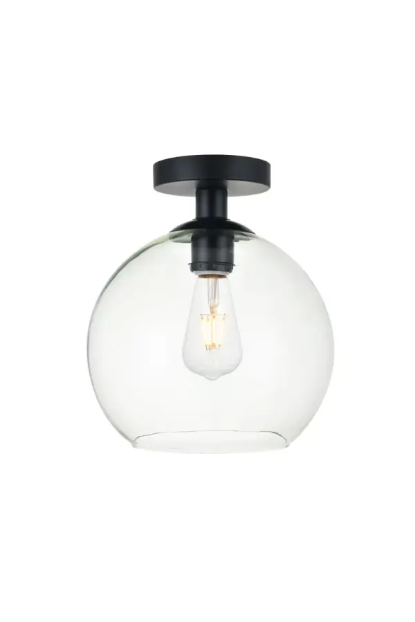 Refined style with a practical design, Baxter flush-mount ceiling lamps bring cosmopolitan sophistication anywhere, especially to an entryway, hallway, bathroom, kitchen, or closet. The smooth iron frame features a disk-shaped canopy and comes in a black finish. The clear spherical glass shade remains open at the center to allow for effortless replacement of the filament-style bulb (not included). Living in the big city has never been this easy. Collection: BAXTER Rooms: entryway, hallway, bathroom, kitchen, or closet Finish: Black and Clear Glass: Clear Width: 9.80" Height: 11.20" Length: 9.80" Weight: 3.00 lb Wire: 11" Black and white Canopy: 4.7"x1"x4.7" Number of Bulbs: 1 Maximum Wattage: 40.00 W Bulb Type: E26 Bulb Base: E26 Dimmable Voltage: 110.00 V Material: Iron and Glass Country of Origin: China Safety Listing: ETL Safety Rating: Dry Manufacturer Warranty: 1 year limited Spec Sheet
