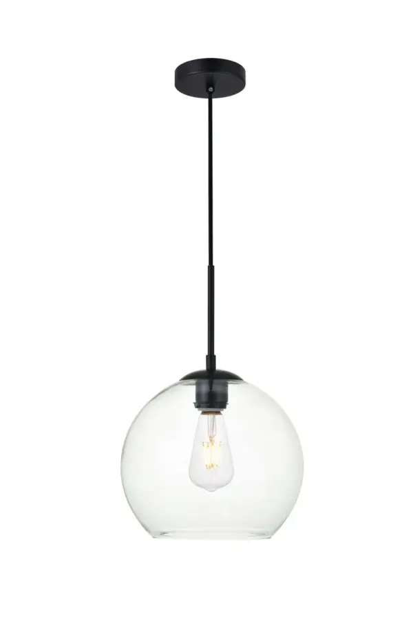 Refined style with a practical design, Baxter hanging pendant lamps bring cosmopolitan sophistication anywhere, especially to an entryway, office, bathroom, bedroom, or kitchen. The smooth iron frame features a disk-shaped canopy and comes in a black finish. An adjustable black cord allows you to vary the hanging height from 16 to 70 inches. The clear spherical glass shade remains open at the center to allow for effortless replacement of the filament-style bulb (not included). Living in the big city has never been this easy. Collection: BAXTER Rooms: entryway, office, bathroom, bedroom, or kitchen Finish: Black and Clear Glass: Clear Width: 9.80" Height: 9.90" Length: 9.80" Weight: 3.00 lb Chain: 60`` Wire: 60" Black Canopy: 4.7"x1"x4.7" Number of Bulbs: 1 Maximum Wattage: 40.00 W Bulb Type: Filament Bulb Base: E26 Dimmable Voltage: 110.00 V Material: Iron and Glass Country of Origin: China Safety Listing: ETL Safety Rating: Dry Title 20 Title 24 Manufacturer Warranty: 1 year limited Spec Sheet