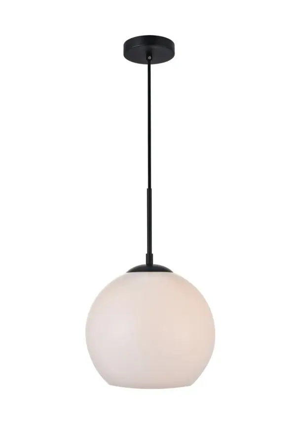 Refined style with a practical design, Baxter hanging pendant lamps bring cosmopolitan sophistication anywhere, especially to an entryway, office, bathroom, bedroom, or kitchen. The smooth iron frame features a disk-shaped canopy and comes in a black finish. An adjustable black cord allows you to vary the hanging height from 16 to 70 inches. The frosted white spherical glass shade remains open at the center to allow for effortless replacement of the filament-style bulb (not included). Living in the big city has never been this easy. Collection: BAXTER Rooms: entryway, office, bathroom, bedroom, or kitchen Finish: Black and frosted white Glass: Frosted White Width: 9.80" Height: 9.90" Length: 9.80" Weight: 3.00 lb Chain: 60`` Wire: 60" Black Canopy: 4.7"x1"x4.7" Number of Bulbs: 1 Maximum Wattage: 40.00 W Bulb Type: Filament Bulb Base: E26 Dimmable Voltage: 110.00 V Material: Iron and Glass Country of Origin: China Safety Listing: ETL Safety Rating: Dry Title 20 Title 24 Manufacturer Warranty: 1 year limited Spec Sheet