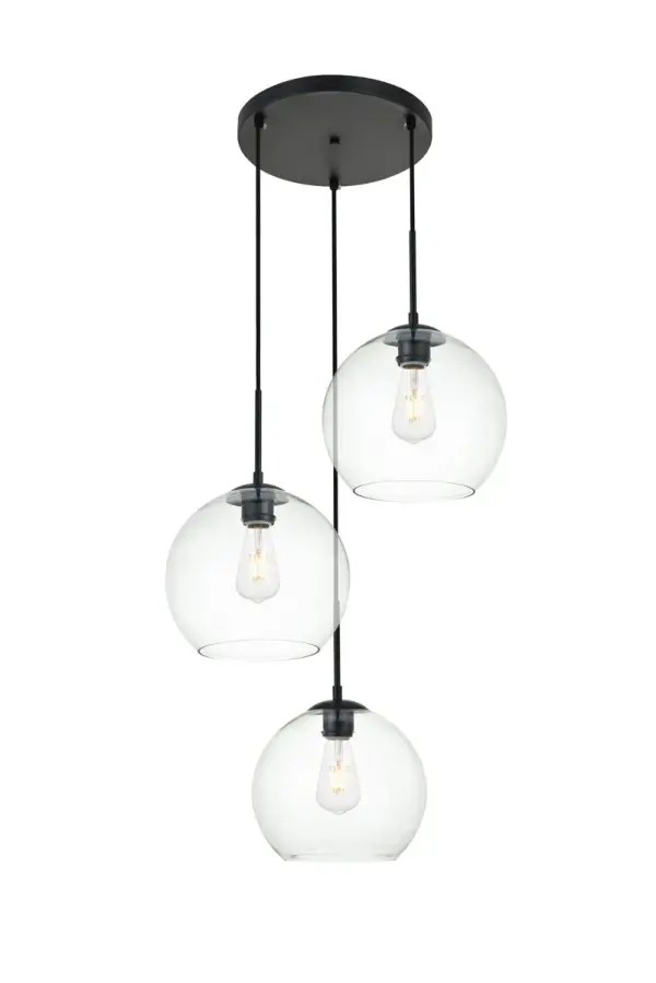 Refined style with a practical design, Baxter hanging pendant lamps bring cosmopolitan sophistication anywhere, especially to an entryway, office, bathroom, bedroom, or kitchen. The smooth iron frame features a disk-shaped canopy and comes in a black finish. Adjustable black cords allow you to modify the hanging height from 16 to 89 inches. Three identical clear spherical glass shades are suspended at varying heights and remain open at the center to allow for effortless replacement of the filament-style bulbs (not included). Living in the big city has never been this easy. Collection: BAXTER Rooms: entryway, office, bathroom, bedroom, or kitchen Finish: Black and Clear Glass: Clear Width: 20.10" Height: 9.90" Length: 20.10" Weight: 8.00 lb Chain: 79`` Wire: 79" Black Canopy: 11.8"x1"x11.8" Number of Bulbs: 3 Maximum Wattage: 40.00 W Bulb Type: Filament Bulb Base: E26 Dimmable Voltage: 110.00 V Material: Iron and Glass Country of Origin: China Safety Listing: ETL Safety Rating: Dry Title 20 Title 24 Manufacturer Warranty: 1 year limited Spec Sheet
