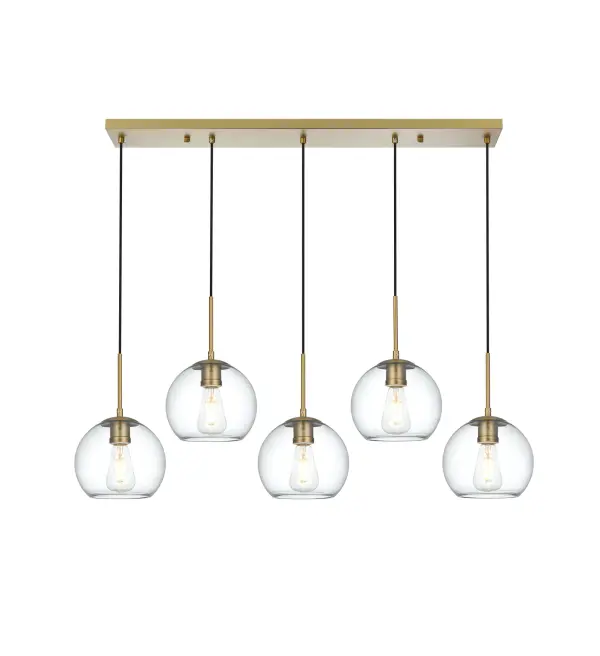 Dimensions
Chain/Rod Length: 79"
Length: 42"
Width: 8"
Height: 8"
Maximum Height: 87"
Wire Length: 79"
Specifications
Assembly Required: No
Bulb Included: Not Included
Dimmable: Yes
Distressed Finish: No
Dry/Wet/Damp: Dry
ETL: YES
Finish (Color): Satin Gold and Clear
Fixture Material: Iron and Glass
Hanging Device: Cord
Hardware Finish: Satin Gold
Harware Material: Iron
Max/Nominal Watt: 200W
Number of Lights: 5
Product Type: Pendants
Product Warranty: 1 year limited
Socket Type: E26
UL & ULC Standard: No
Voltage: 110V - 125V
Wattage/Bulb: 40W
Weight: 10
Wire Included: Yes
Shipment type: Small parcel