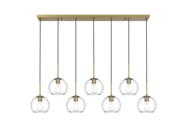 Dimensions
Chain/Rod Length: 79"
Length: 54"
Width: 8"
Height: 8"
Maximum Height: 87"
Wire Length: 79"
Specifications
Assembly Required: No
Bulb Included: Not Included
Dimmable: Yes
Distressed Finish: No
Dry/Wet/Damp: Dry
ETL: YES
Finish (Color): Satin Gold and Clear
Fixture Material: Iron and Glass
Hanging Device: Cord
Hardware Finish: Satin Gold
Harware Material: Iron
Max/Nominal Watt: 280W
Number of Lights: 7
Product Type: Pendants
Product Warranty: 1 year limited
Socket Type: E26
UL & ULC Standard: No
Voltage: 110V - 125V
Wattage/Bulb: 40W
Weight: 13
Wire Included: Yes
Shipment type: Small parcel
