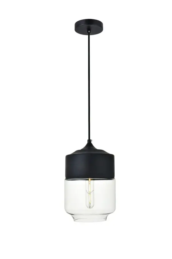 The perfect marriage of vintage charm and modern refinement, Ashwell pendant lamps blend well with décor from both Old World and New. A rounded iron frame in a matte black finish comes with adjustable black hanging cord. The cylindrical clear glass shade features a stylized lip at the bottom opening. Inside, an E26 tubular filament bulb (not included) completes the overall look. Ideal for a breakfast nook, kitchen, office, or studio. Collection: ASHWELL Rooms: entryway, office, bathroom, bedroom, or kitchen Finish: Black and Clear Glass: Black And Clear Width: 7.10" Height: 11.00" Length: 7.10" Weight: 2.00 lb Chain: 60`` Wire: 60" Black Canopy: 4.7"x1"x4.7" Number of Bulbs: 1 Maximum Wattage: 40.00 W Bulb Type: Filament Bulb Base: E26 Dimmable Voltage: 110.00 V Material: Iron and Glass Country of Origin: China Safety Listing: ETL Safety Rating: ETL Title 20 Title 24 Manufacturer Warranty: 1 year limited Spec Sheet