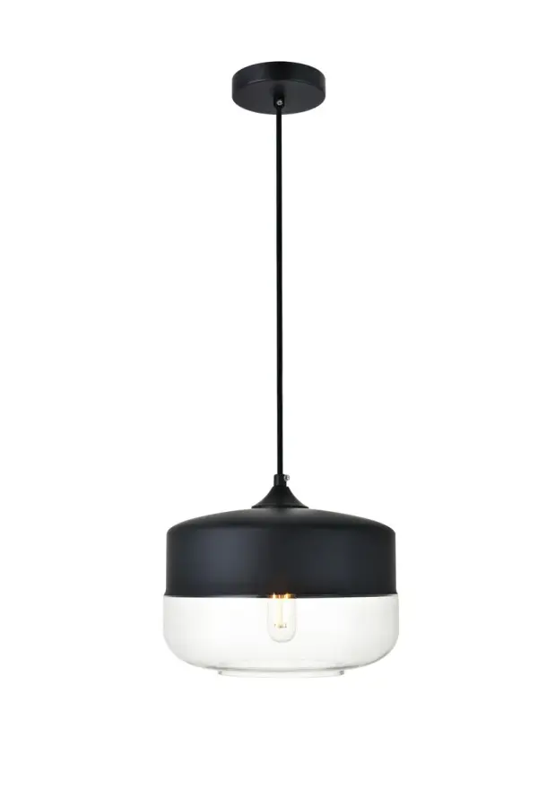 The perfect marriage of vintage charm and modern refinement, Ashwell pendant lamps blend well with décor from both Old World and New. A disk-shaped iron frame in a matte black finish comes with adjustable black hanging cord. A matching clear glass disk-shaped shade envelopes an E26 tubular filament bulb (not included) to complete the overall look. Ideal for a breakfast nook, kitchen, office, or studio. Collection: ASHWELL Rooms: entryway, office, bathroom, bedroom, or kitchen Finish: Black and Clear Glass: Black And Clear Width: 9.80" Height: 8.70" Length: 9.80" Weight: 3.00 lb Chain: 60`` Wire: 60" Black Canopy: 4.7"x1"x4.7" Number of Bulbs: 1 Maximum Wattage: 40.00 W Bulb Type: Filament Bulb Base: E26 Dimmable Voltage: 110.00 V Material: Iron and Glass Country of Origin: China Safety Listing: ETL Safety Rating: ETL Title 20 Title 24 Manufacturer Warranty: 1 year limited Spec Sheet