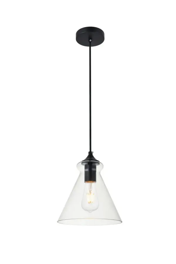 The small, but mighty Destry collection offers sleek pendant lamps that will add a powerful accent to your urban, industrial, or transitional décor. The light's black hardware finish adds to the interest of the piece. Black 'top hat' design accentuates the clear glass shade. Each black and clear conical shade holds one incandescent or LED light bulb (not included). Brighten your kitchen island, bathroom, entryway, or den with this one-light statement fixture. You may adjust the height to your desired length between 15 and 69 Collection: DESTRY Rooms: entryway, office, bathroom, bedroom, or kitchen Finish: Black and Clear Glass: Clear Width: 7.90" Height: 9.40" Length: 7.90" Weight: 2.00 lb Chain: 60`` Wire: 60" Black Canopy: 4.7"x1"x4.7" Number of Bulbs: 1 Maximum Wattage: 40.00 W Bulb Type: Filament Bulb Base: E26 Dimmable Voltage: 110.00 V Material: Iron and Glass Country of Origin: China Safety Listing: ETL Safety Rating: ETL Title 20 Title 24 Manufacturer Warranty: 1 year limited Spec Sheet
