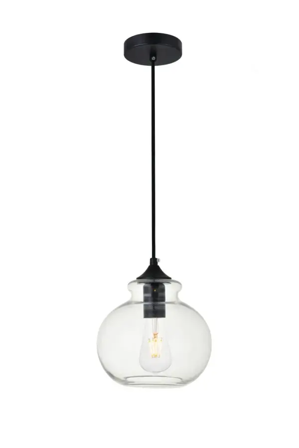 The small, but mighty Destry collection offers sleek pendant lamps that will add a powerful accent to your urban, industrial, or transitional décor. The light's black hardware finish adds to the interest of the piece. Black 'top hat' design accentuates the clear glass shade. Each black and clear conical shade holds one incandescent or LED light bulb (not included). Brighten your kitchen island, bathroom, entryway, or den with this one-light statement fixture. You may adjust the height to your desired length between 15 and 68 Collection: DESTRY Rooms: entryway, office, bathroom, bedroom, or kitchen Finish: Black and Clear Glass: Clear Width: 7.90" Height: 8.90" Length: 7.90" Weight: 2.00 lb Chain: 60`` Wire: 60" Black Canopy: 4.7"x1"x4.7" Number of Bulbs: 1 Maximum Wattage: 40.00 W Bulb Type: Filament Bulb Base: E26 Dimmable Voltage: 110.00 V Material: Iron and Glass Country of Origin: China Safety Listing: ETL Safety Rating: ETL Title 20 Title 24 Manufacturer Warranty: 1 year limited Spec Sheet