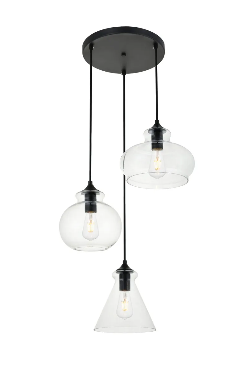 DESTRY Three Light Pendant in Black and Clear