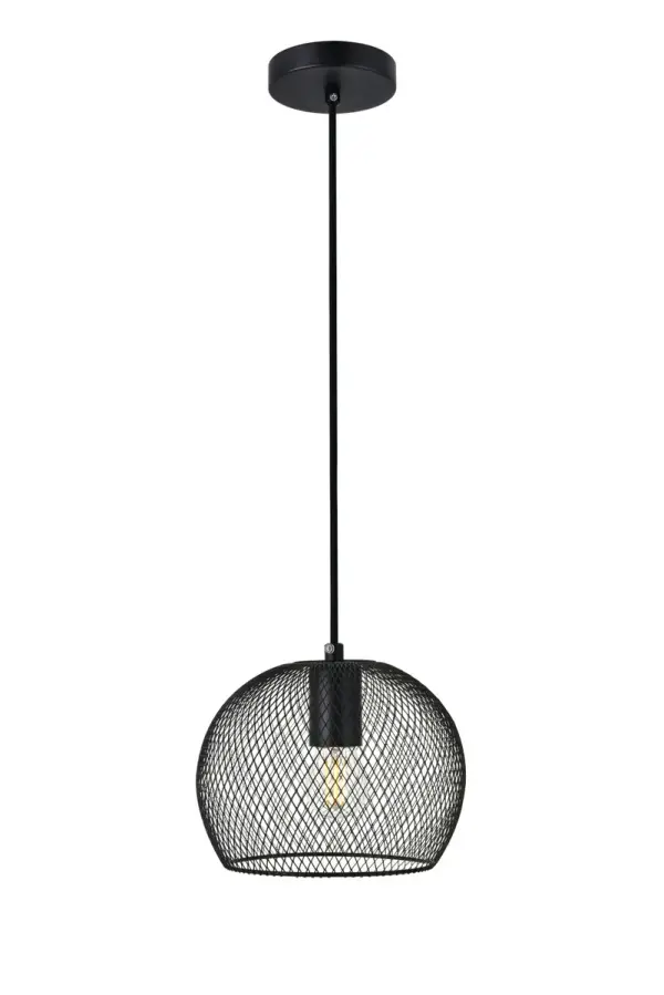 The sophisticated Keller hanging pendant lamp offers a contemporary design and will enlighten your home's entryway, kitchen, bedroom, den, or rec room. Its distinctive shade, composed of black metal, features a matrix design with the woven appearance of netting. When lit, the lamp radiates vivid shadows throughout the room. The fixture accepts a filament-style incandescent or LED blurb and is supported with a disk-shaped canopy. Collection: KELLER Rooms: entryway, office, bathroom, bedroom, or kitchen Finish: Black Glass: Black Width: 7.50" Height: 6.50" Length: 7.50" Weight: 0.50 lb Chain: 60`` Wire: 60" Black Canopy: 4.7"x1"x4.7" Number of Bulbs: 1 Maximum Wattage: 40.00 W Bulb Type: Filament Bulb Base: E26 Dimmable Voltage: 110.00 V Material: Iron Country of Origin: China Safety Listing: ETL Safety Rating: ETL Title 20 Title 24 Manufacturer Warranty: 1 year limited Spec Sheet