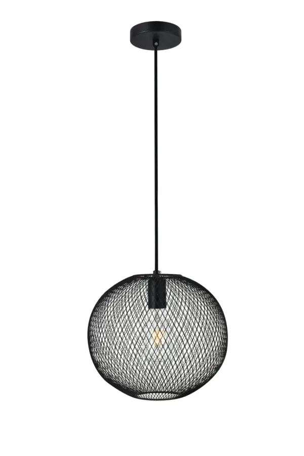 The sophisticated Keller hanging pendant lamp offers a contemporary design and will enlighten your home's entryway, kitchen, bedroom, den, or rec room. Its distinctive shade, composed of black metal, features a matrix design with the woven appearance of netting. When lit, the lamp radiates vivid shadows throughout the room. The fixture accepts a filament-style incandescent or LED blurb and is supported with a disk-shaped canopy. Collection: KELLER Rooms: entryway, office, bathroom, bedroom, or kitchen Finish: Black Glass: Black Width: 13.20" Height: 11.60" Length: 13.20" Weight: 2.00 lb Chain: 60`` Wire: 60" Black Canopy: 4.7"x1"x4.7" Number of Bulbs: 1 Maximum Wattage: 40.00 W Bulb Type: E26 Bulb Base: E26 Dimmable Voltage: 110.00 V Material: Iron Country of Origin: China Safety Listing: ETL Safety Rating: ETL Title 20 Title 24 Manufacturer Warranty: 1 year limited Spec Sheet