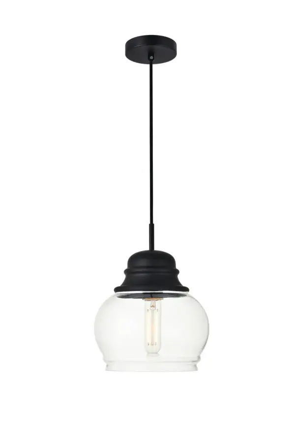 The small, but mighty Kenna collection offers sleek pendant lamps that will add a powerful accent to your urban, industrial, or transitional décor. A black and clear sugar pot shade holds one incandescent or LED light bulb (not included) that will illuminate your interior space. This light's black hardware finish adds to the interest of the piece with strong vertical lines. A black "top hat" caps off the shade and delights the eye with its elegant concentric circles. Brighten your kitchen island, bathroom, entryway, or den with this versatile fixture. You may adjust the height to your desired length between 15 and 68 inches. Collection: KENNA Rooms: entryway, office, bathroom, bedroom, or kitchen Finish: Black and Clear Glass: Black And Clear Width: 8.10" Height: 8.70" Length: 8.10" Weight: 2.50 lb Chain: 60`` Wire: 60" Black Canopy: 4.7"x1"x4.7" Number of Bulbs: 1 Maximum Wattage: 40.00 W Bulb Type: Filament Bulb Base: E26 Dimmable Voltage: 110.00 V Material: Iron and Glass Country of Origin: China Safety Listing: ETL Safety Rating: ETL Title 20 Title 24 Manufacturer Warranty: 1 year limited Spec Sheet