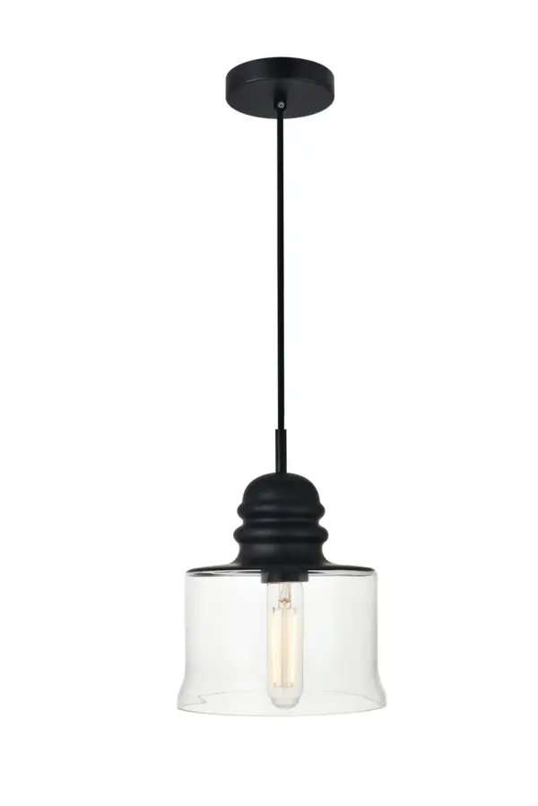 The small, but mighty Kenna collection offers sleek pendant lamps that will add a powerful accent to your urban, industrial, or transitional décor. A black and clear sugar pot shade holds one incandescent or LED light bulb (not included) that will illuminate your interior space. This light's black hardware finish adds to the interest of the piece with strong vertical lines. A black "top hat" caps off the shade and delights the eye with its elegant concentric circles. Brighten your kitchen island, bathroom, entryway, or den with this versatile fixture. You may adjust the height to your desired length between 14 and 67 inches. Collection: KENNA Rooms: entryway, office, bathroom, bedroom, or kitchen Finish: Black and Clear Glass: Black And Clear Width: 6.70" Height: 7.50" Length: 6.70" Weight: 3.00 lb Chain: 60`` Wire: 60" Black Canopy: 4.7"x1"x4.7" Number of Bulbs: 1 Maximum Wattage: 40.00 W Bulb Type: Filament Bulb Base: E26 Dimmable Voltage: 110.00 V Material: Iron and Glass Country of Origin: China Safety Listing: ETL Safety Rating: ETL Title 20 Title 24 Manufacturer Warranty: 1 year limited Spec Sheet