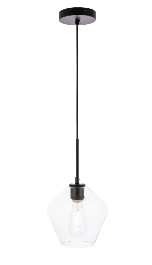 The Gene Collection of lights will be sure to have your guests admire your modern sense of style with the beautiful simplicity of its shape and form. From the solidity of the hanging cord to the clean lines that the diamond shaped shade creates, this pendant will create drama and beauty in any room of your home. Its design is both minimal enough to not take away from your style in large rooms, and stylish enough to add character in smaller spaces. Available in a brass, chrome, or black finish, with either a clear or frosted diamond glass shade, enhance your dining room, living room, or bedroom with the Gene Collection hanging pendant and live in sleek contemporary style (light bulbs not included). Collection: Gene Rooms: living room, dining room, ktichen, bar Finish: Black and Clear glass Glass: Clear Width: 7.90" Height: 8.60" Length: 7.90" Weight: 2.00 lb Wire: 60" Black Canopy: 4.7"x1"x4.7" Number of Bulbs: 1 Maximum Wattage: 40.00 W Bulb Type: Filament Bulb Base: E26 Dimmable Voltage: 110.00 V Material: Iron and Glass Country of Origin: China Safety Listing: ETL Safety Rating: Dry Title 20 Title 24 Manufacturer Warranty: 1 year limited Spec Sheet