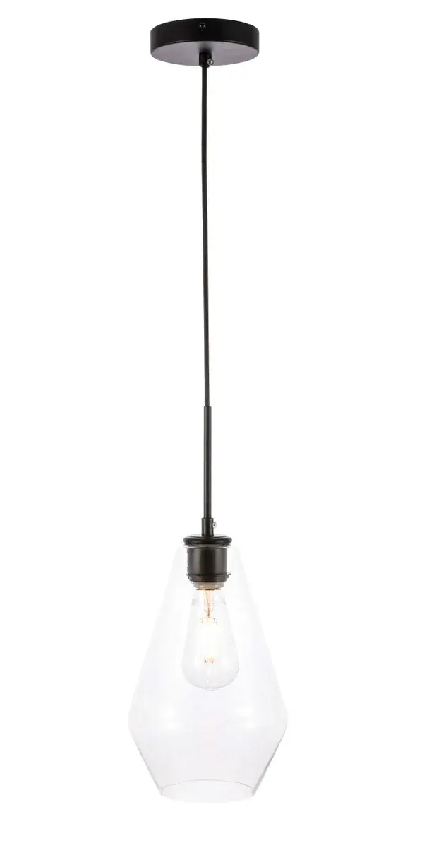 The Gene Collection of lights will be sure to have your guests admire your modern sense of style with the beautiful simplicity of its shape and form. From the solidity of the hanging cord to the clean lines that the diamond shaped shade creates, this pendant will create drama and beauty in any room of your home. Its design is both minimal enough to not take away from your style in large rooms, and stylish enough to add character in smaller spaces. Available in a brass, chrome, or black finish, with either a clear or frosted diamond glass shade, enhance your dining room, living room, or bedroom with the Gene Collection hanging pendant and live in sleek contemporary style (light bulbs not included). Collection: Gene Rooms: living room, dining room, ktichen, bar Finish: Black and Clear glass Glass: Clear Width: 7.10" Height: 12.20" Length: 7.10" Weight: 2.50 lb Wire: 60" Black Canopy: 4.7"x1"x4.7" Number of Bulbs: 1 Maximum Wattage: 40.00 W Bulb Type: Filament Bulb Base: E26 Dimmable Voltage: 110.00 V Material: Iron and Glass Country of Origin: China Safety Listing: ETL Safety Rating: Dry Title 20 Title 24 Manufacturer Warranty: 1 year limited Spec Sheet