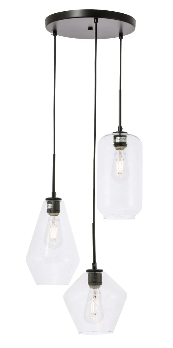 Gene Three Light Pendant in Black and Clear glass