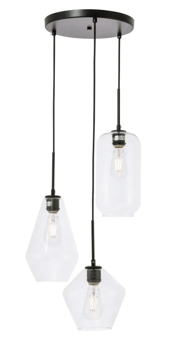 The Gene Collection of lights will be sure to have your guests admire your modern sense of style with the beautiful simplicity of its shape and form. The canopy supports three pendant lights that can be adjusted to different heights in order to create dramatic levels of lights and shadows. The pendant's clean lines created by the cords and diamond shaped shades makes this the perfect lighting addition to any home that is in need of a chic modern flair. Available in a brass, chrome, or black finish, with either a clear or frosted diamond glass shade, enhance your dining room, living room, or bedroom with the Gene Collection hanging pendant and live in sleek contemporary style (light bulbs not included). Collection: Gene Rooms: living room, dining room, ktichen, bar Finish: Black and Clear glass Glass: Clear Width: 17.30" Height: 12.60" Length: 17.30" Weight: 7.00 lb Wire: 79" Black Canopy: 11.8"x1"x11.8" Number of Bulbs: 3 Maximum Wattage: 40.00 W Bulb Type: Filament Bulb Base: E26 Dimmable Voltage: 110.00 V Material: Iron and Glass Country of Origin: China Safety Listing: ETL Safety Rating: Dry Title 20 Title 24 Manufacturer Warranty: 1 year limited Spec Sheet