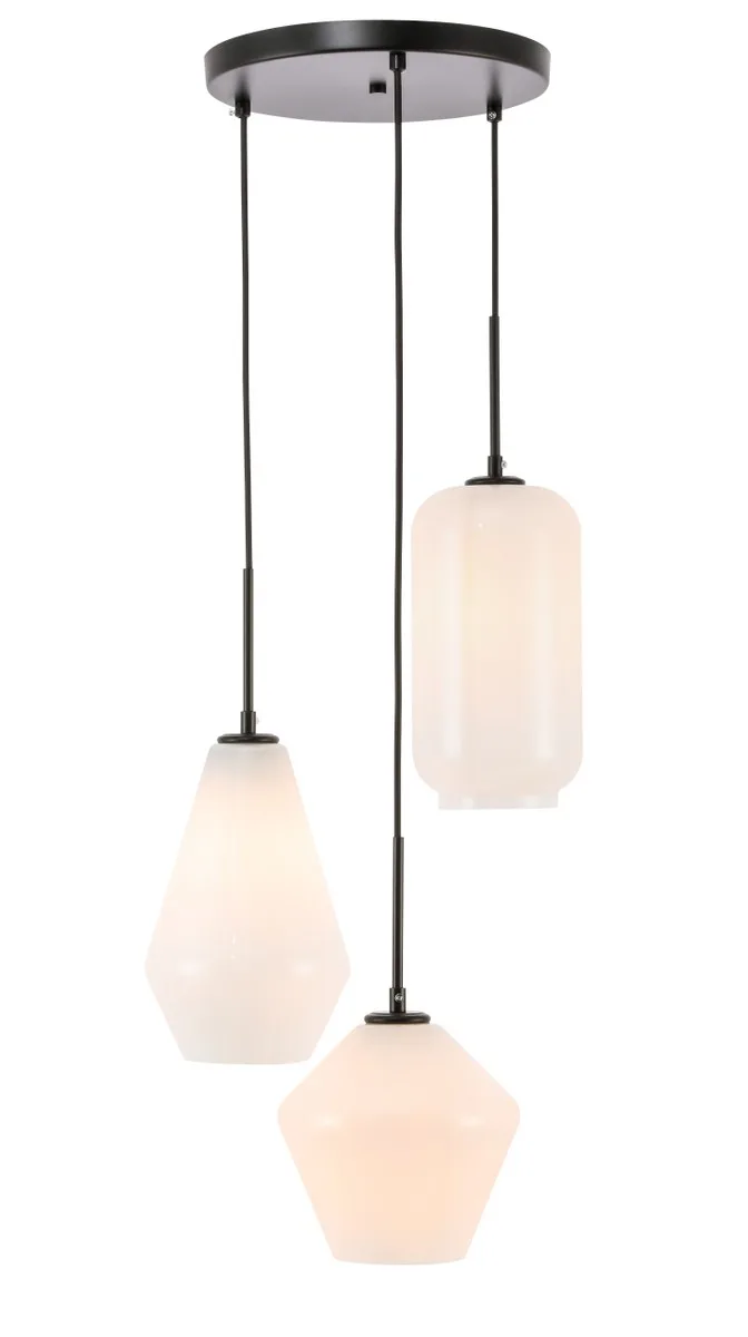 Gene Three Light Pendant in Black and Frosted white glass