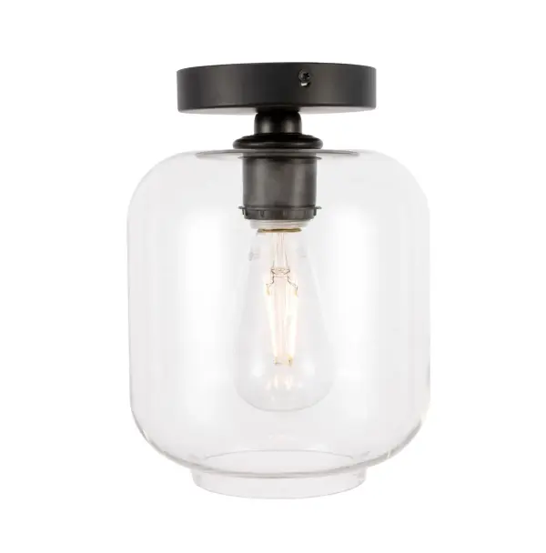 The Collier Collection of lights will be sure to have your guests admire your modern sense of style with the beautiful simplicity of its shape and form. This flush mount allows brilliant illumination to shine and radiate, allowing for your room to be center stage, and despite its minimalism, its design is far from boring--available in a brass, chrome, or black finish, with either a clear or frosted cylinder glass shade. The sleek organic curves of the mount and the cylinder that encapsulates the bulb will enhance your bathroom, foyer, or hallways, allowing for you to always live a chic and fashionable lifestyle, no matter where you are (light bulbs not included). Collection: Collier Rooms: Hallway, Living room, Bedroom, Bathroom, Entry Way, Finish: Black and Clear glass Glass: Clear Width: 7.30" Height: 10.00" Length: 7.30" Weight: 2.00 lb Wire: 11" Black and White Canopy: 4.7"x1"x4.7" Number of Bulbs: 1 Maximum Wattage: 40.00 W Bulb Type: Filament Bulb Base: E26 Dimmable Voltage: 110.00 V Material: Iron and Glass Country of Origin: China Safety Listing: ETL Safety Rating: Dry Manufacturer Warranty: 1 year limited Spec Sheet