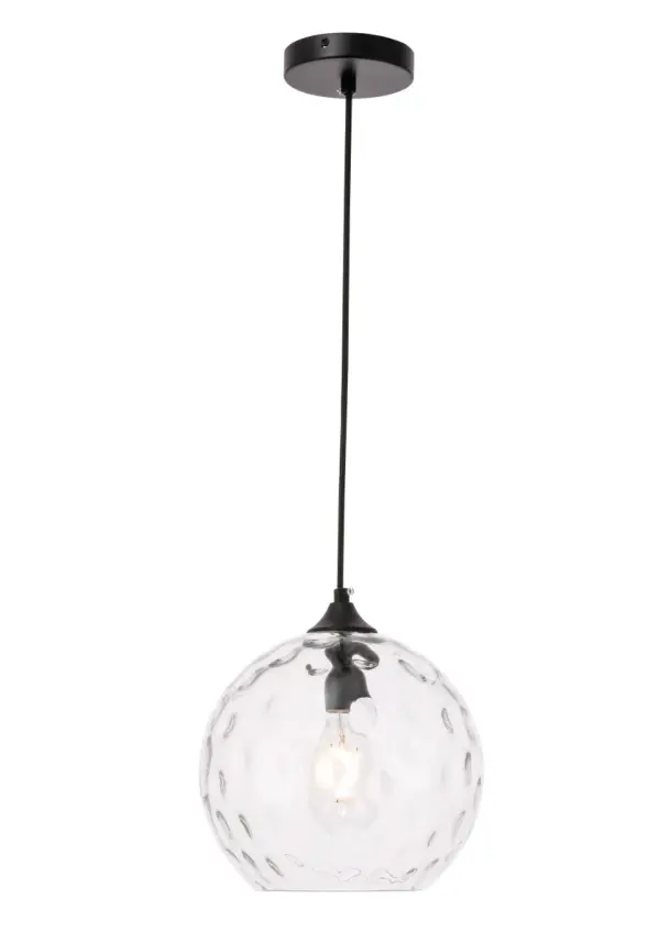 Enjoy whimsy and airy modernity with this Cashel Collection pendant. Reminiscent of dreamy bubbles being dispersed on a summer's day, the clear glass sphere design will add lovely illumination while not cluttering the design and style of your room. Versatile and subtle, this will create a delightful breezy style to any room, whether its your bathroom, child's playroom, or dining room (light bulbs not included). Collection: Cashel Rooms: living room, dining room, ktichen, bar Finish: Black and Clear glass Glass: Clear Width: 9.80" Height: 10.30" Length: 9.80" Weight: 3.00 lb Wire: 60"" Black Canopy: 4.7"x1"x4.7" Number of Bulbs: 1 Maximum Wattage: 40.00 W Bulb Type: Filament Bulb Base: E26 Dimmable Voltage: 110.00 V Material: Iron and Glass Country of Origin: China Safety Listing: ETL Safety Rating: Dry Title 20 Title 24 Manufacturer Warranty: 1 year limited Spec Sheet