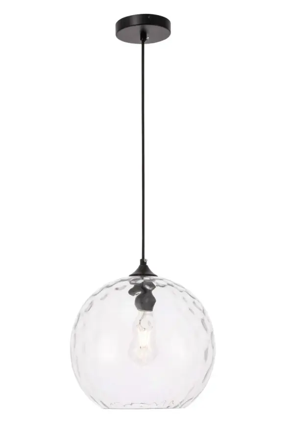 Enjoy whimsy and airy modernity with this Gibson Collection pendant. Reminiscent of dreamy bubbles being dispersed on a summer's day, the clear glass sphere design will add lovely illumination while not cluttering the design and style of your room. Versatile and subtle, this will create a delightful breezy style to any room, whether its your bathroom, child's playroom, or dining room (light bulbs not included). Collection: Gibson Rooms: living room, dining room, ktichen, bar Finish: Black and Clear glass Glass: Clear Width: 11.80" Height: 12.20" Length: 11.80" Weight: 4.00 lb Wire: 60"" Black Canopy: 4.7"x1"x4.7" Number of Bulbs: 1 Maximum Wattage: 40.00 W Bulb Type: Filament Bulb Base: E26 Dimmable Voltage: 110.00 V Material: Iron and Glass Country of Origin: China Safety Listing: ETL Safety Rating: Dry Title 20 Title 24 Manufacturer Warranty: 1 year limited Spec Sheet