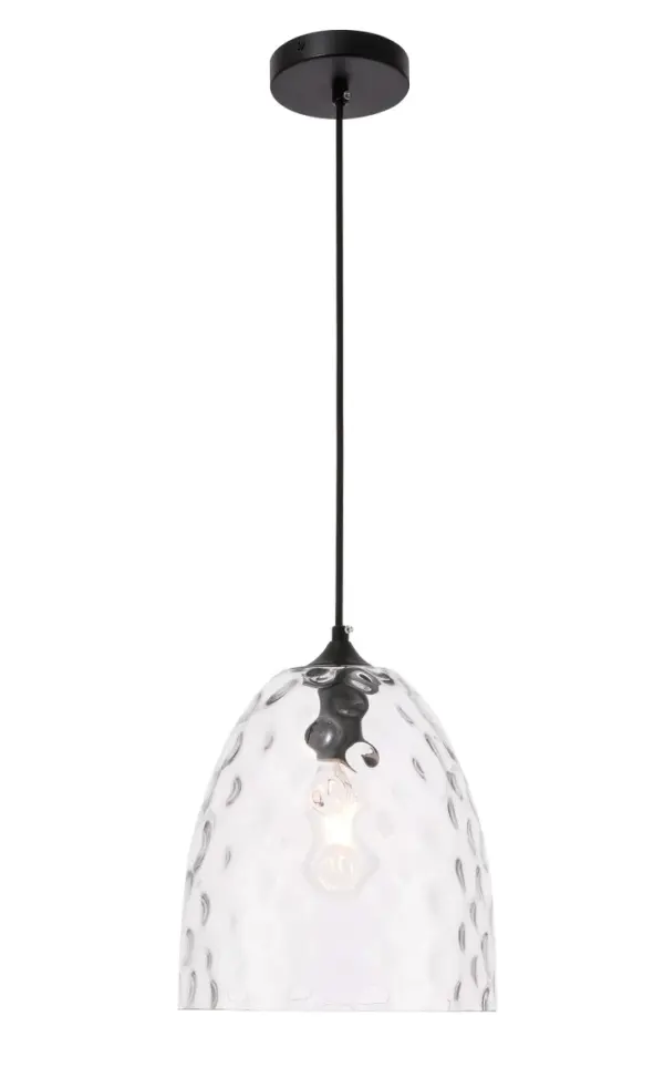 Enjoy whimsy and airy modernity with this Gibson Collection pendant. Reminiscent of dreamy bubbles being dispersed on a summer's day, the clear glass sphere design will add lovely illumination while not cluttering the design and style of your room. Versatile and subtle, this will create a delightful breezy style to any room, whether its your bathroom, child's playroom, or dining room (light bulbs not included). Collection: Gibson Rooms: living room, dining room, ktichen, bar Finish: Black and Clear glass Glass: Clear Width: 9.80" Height: 11.70" Length: 9.80" Weight: 4.00 lb Wire: 60"" Black Canopy: 4.7"x1"x4.7" Number of Bulbs: 1 Maximum Wattage: 40.00 W Bulb Type: Filament Bulb Base: E26 Dimmable Voltage: 110.00 V Material: Iron and Glass Country of Origin: China Safety Listing: ETL Safety Rating: Dry Title 20 Title 24 Manufacturer Warranty: 1 year limited Spec Sheet