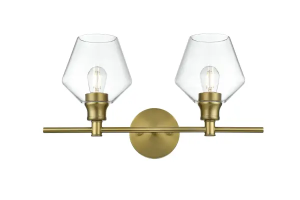 Dimensions
Length: 19"
Width: 8"
Height: 10.5"
Wire Length: 11"
Specifications
Assembly Required: yes
Bulb Included: No
Crystal/Glass Color: Clear
Dimmable: No
Distressed Finish: No
Dry/Wet/Damp: Damp
ETL: Yes
Finish (Color): Satin Gold
Fixture Material: Iron and Glass
Hardware Finish: Satin Gold
Harware Material: Iron
Max/Nominal Watt: 80W
Number of Lights: 2
Product Type: Vanity Lights
Product Warranty: 1 year limited
Socket Type: E26
UL & ULC Standard: No
Voltage: 110V - 125V
Wattage/Bulb: 40W
Weight: 4
Wire Included: Yes
Shipment type: Small parcel