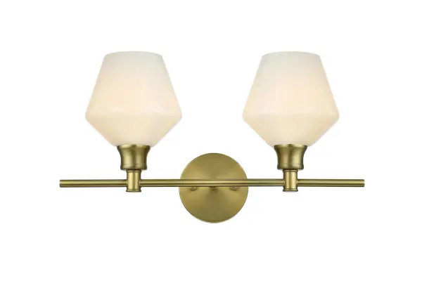 Dimensions
Length: 19"
Width: 8"
Height: 10.5"
Wire Length: 11"
Specifications
Assembly Required: yes
Bulb Included: No
Crystal/Glass Color: Clear
Dimmable: No
Distressed Finish: No
Dry/Wet/Damp: Damp
ETL: Yes
Finish (Color): Satin Gold
Fixture Material: Iron and Glass
Hardware Finish: Satin Gold
Harware Material: Iron
Max/Nominal Watt: 80W
Number of Lights: 2
Product Type: Vanity Lights
Product Warranty: 1 year limited
Socket Type: E26
UL & ULC Standard: No
Voltage: 110V - 125V
Wattage/Bulb: 40W
Weight: 4
Wire Included: Yes
Shipment type: Small parcel