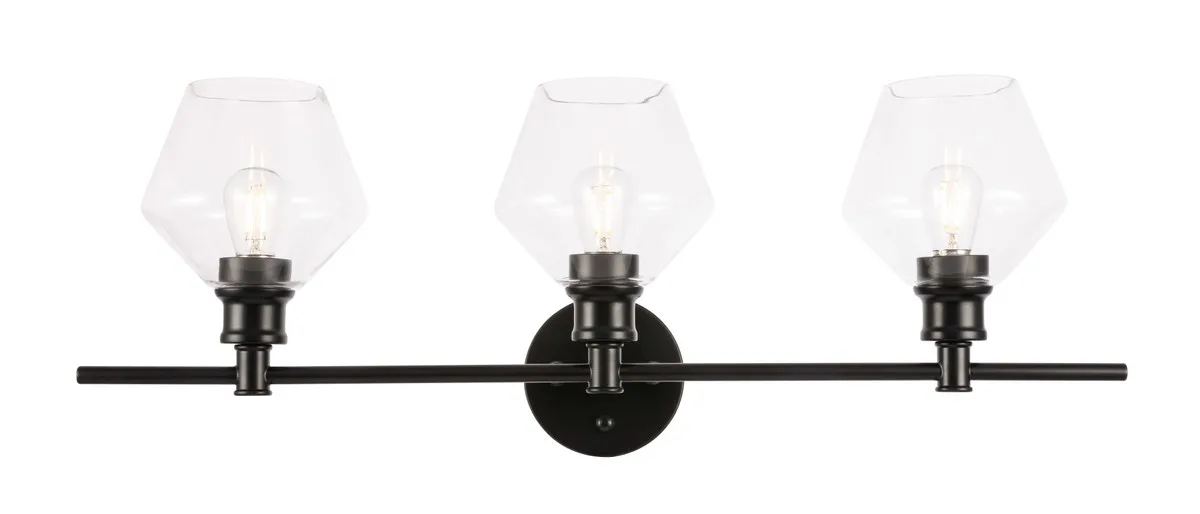 Gene Three Light Wall Sconce in Black and Clear glass