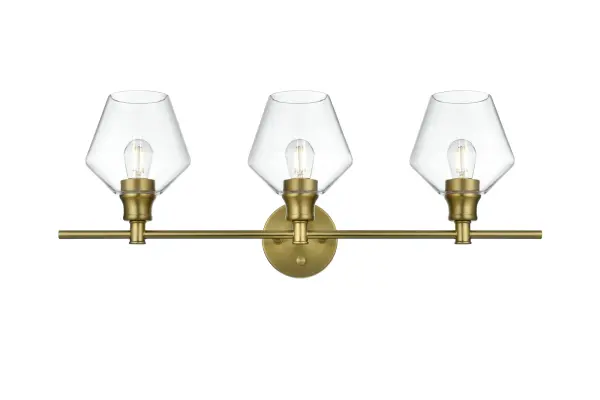 Dimensions
Length: 28"
Width: 8"
Height: 10.5"
Wire Length: 11"
Specifications
Assembly Required: yes
Bulb Included: No
Crystal/Glass Color: Clear
Dimmable: No
Distressed Finish: No
Dry/Wet/Damp: Damp
ETL: Yes
Finish (Color): Satin Gold
Fixture Material: Iron and Glass
Hardware Finish: Satin Gold
Harware Material: Iron
Max/Nominal Watt: 120W
Number of Lights: 3
Product Type: Vanity Lights
Product Warranty: 1 year limited
Socket Type: E26
UL & ULC Standard: No
Voltage: 110V - 125V
Wattage/Bulb: 40W
Weight: 6
Wire Included: Yes
Shipment type: Small parcel