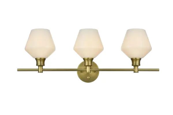 Dimensions
Length: 28"
Width: 8"
Height: 10.5"
Wire Length: 11"
Specifications
Assembly Required: yes
Bulb Included: No
Crystal/Glass Color: Clear
Dimmable: No
Distressed Finish: No
Dry/Wet/Damp: Damp
ETL: Yes
Finish (Color): Satin Gold
Fixture Material: Iron and Glass
Hardware Finish: Satin Gold
Harware Material: Iron
Max/Nominal Watt: 120W
Number of Lights: 3
Product Type: Vanity Lights
Product Warranty: 1 year limited
Socket Type: E26
UL & ULC Standard: No
Voltage: 110V - 125V
Wattage/Bulb: 40W
Weight: 6
Wire Included: Yes
Shipment type: Small parcel