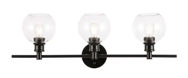 The Collier Collection of lights will be sure to have your guests admire your modern sense of style with the beautiful simplicity of its shape and form. The clean lines of the ball shaped shades create the juxtaposition of intricate simplicity, achieving a style that has both form and function. This wall lamp can be oriented facing up or down, but will always illuminate your room. Available in a brass, chrome, or black finish with either a clear or frosted ball glass shade, it is the perfect wall lamp to enhance your bathroom, foyer, or hallways, allowing you to always live a chic and fashionable lifestyle (light bulbs not included). Collection: Collier Rooms: Hallway, Living room, Bedroom, Bathroom, Entry Way, Finish: Black and Clear glass Glass: Clear Width: 8.00" Height: 9.80" Length: 28.10" Weight: 5.00 lb Wire: 11" Black and White Canopy: 4.7``x4.7``x1`` Number of Bulbs: 3 Maximum Wattage: 40.00 W Bulb Type: ST18 Bulb Base: E26 Dimmable Voltage: 110.00 V Material: Iron and Glass Country of Origin: China Safety Listing: ETL Safety Rating: Damp Title 20 Title 24 Manufacturer Warranty: 1 year limited Spec Sheet