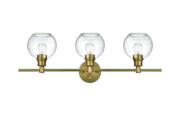 Dimensions
Length: 28"
Width: 8"
Height: 10"
Wire Length: 11"
Specifications
Assembly Required: yes
Bulb Included: No
Crystal/Glass Color: Clear
Dimmable: No
Distressed Finish: No
Dry/Wet/Damp: Damp
ETL: Yes
Finish (Color): Satin Gold
Fixture Material: Iron and Glass
Hardware Finish: Satin Gold
Harware Material: Iron
Max/Nominal Watt: 120W
Number of Lights: 3
Product Type: Vanity Lights
Product Warranty: 1 year limited
Socket Type: E26
UL & ULC Standard: No
Voltage: 110V - 125V
Wattage/Bulb: 40W
Weight: 5
Wire Included: Yes
Shipment type: Small parcel