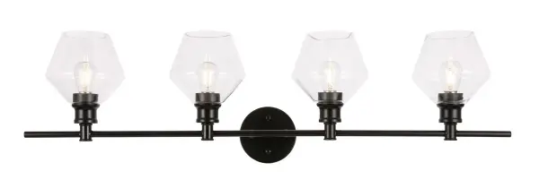 The Gene Collection of lights will be sure to have your guests admire your modern sense of style with the beautiful simplicity of its shape and form. The clean lines of the rhombus shaped shades create the juxtaposition of intricate simplicity, achieving a style that has both form and function. This wall lamp can be oriented facing up or down, but will always illuminate your room. Available in a brass, chrome, or black finish with either a clear or frosted rhombus glass shade, it is the perfect wall lamp to enhance your bathroom, foyer, or hallways, allowing you to always live in sleek contemporary style (light bulbs not included). Collection: Gene Rooms: Hallway, Living room, Bedroom, Bathroom, Entry Way, Finish: Black and Clear glass Glass: Clear Width: 8.00" Height: 10.20" Length: 37.60" Weight: 6.00 lb Wire: 11" Black and White Canopy: 4.7``x4.7``x1`` Number of Bulbs: 4 Maximum Wattage: 40.00 W Bulb Type: ST18 Bulb Base: E26 Dimmable Voltage: 110.00 V Material: Iron and Glass Country of Origin: China Safety Listing: ETL Safety Rating: Damp Title 20 Title 24 Manufacturer Warranty: 1 year limited Spec Sheet