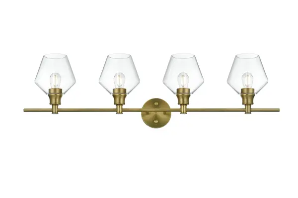 Dimensions
Length: 38"
Width: 8"
Height: 10.5"
Wire Length: 11"
Specifications
Assembly Required: yes
Bulb Included: No
Crystal/Glass Color: Clear
Dimmable: No
Distressed Finish: No
Dry/Wet/Damp: Damp
ETL: Yes
Finish (Color): Satin Gold
Fixture Material: Iron and Glass
Hardware Finish: Satin Gold
Harware Material: Iron
Max/Nominal Watt: 160W
Number of Lights: 4
Product Type: Vanity Lights
Product Warranty: 1 year limited
Socket Type: E26
UL & ULC Standard: No
Voltage: 110V - 125V
Wattage/Bulb: 40W
Weight: 8
Wire Included: Yes
Shipment type: Small parcel