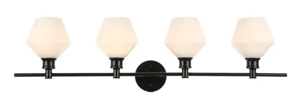 The Gene Collection of lights will be sure to have your guests admire your modern sense of style with the beautiful simplicity of its shape and form. The clean lines of the rhombus shaped shades create the juxtaposition of intricate simplicity, achieving a style that has both form and function. This wall lamp can be oriented facing up or down, but will always illuminate your room. Available in a brass, chrome, or black finish with either a clear or frosted rhombus glass shade, it is the perfect wall lamp to enhance your bathroom, foyer, or hallways, allowing you to always live in sleek contemporary style (light bulbs not included). Collection: Gene Rooms: Hallway, Living room, Bedroom, Bathroom, Entry Way, Finish: Black and Frosted white glass Glass: Frosted White Width: 8.00" Height: 10.20" Length: 37.60" Weight: 6.00 lb Wire: 11" Black and White Canopy: 4.7``x4.7``x1`` Number of Bulbs: 4 Maximum Wattage: 40.00 W Bulb Type: ST18 Bulb Base: E26 Dimmable Voltage: 110.00 V Material: Iron and Glass Country of Origin: China Safety Listing: ETL Safety Rating: Damp Title 20 Title 24 Manufacturer Warranty: 1 year limited Spec Sheet