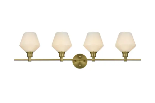 Dimensions
Length: 38"
Width: 8"
Height: 10.5"
Wire Length: 11"
Specifications
Assembly Required: yes
Bulb Included: No
Crystal/Glass Color: Clear
Dimmable: No
Distressed Finish: No
Dry/Wet/Damp: Damp
ETL: Yes
Finish (Color): Satin Gold
Fixture Material: Iron and Glass
Hardware Finish: Satin Gold
Harware Material: Iron
Max/Nominal Watt: 160W
Number of Lights: 4
Product Type: Vanity Lights
Product Warranty: 1 year limited
Socket Type: E26
UL & ULC Standard: No
Voltage: 110V - 125V
Wattage/Bulb: 40W
Weight: 8
Wire Included: Yes
Shipment type: Small parcel