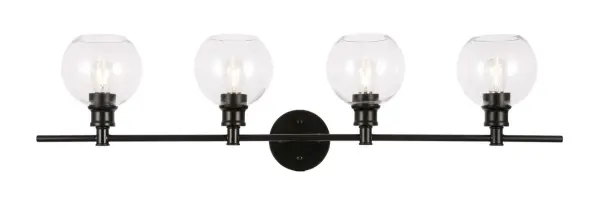 The Collier Collection of lights will be sure to have your guests admire your modern sense of style with the beautiful simplicity of its shape and form. The clean lines of the ball shaped shades create the juxtaposition of intricate simplicity, achieving a style that has both form and function. This wall lamp can be oriented facing up or down, but will always illuminate your room. Available in a brass, chrome, or black finish with either a clear or frosted ball glass shade, it is the perfect wall lamp to enhance your bathroom, foyer, or hallways, allowing you to always live a chic and fashionable lifestyle (light bulbs not included). Collection: Collier Rooms: Hallway, Living room, Bedroom, Bathroom, Entry Way, Finish: Black and Clear glass Glass: Clear Width: 8.00" Height: 9.80" Length: 37.60" Weight: 6.00 lb Wire: 11" Black and White Canopy: 4.7``x4.7``x1`` Number of Bulbs: 4 Maximum Wattage: 40.00 W Bulb Type: ST18 Bulb Base: E26 Dimmable Voltage: 110.00 V Material: Iron and Glass Country of Origin: China Safety Listing: ETL Safety Rating: Damp Title 20 Title 24 Manufacturer Warranty: 1 year limited Spec Sheet