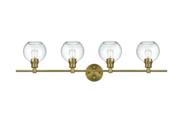 Dimensions
Length: 38"
Width: 8"
Height: 10"
Wire Length: 11"
Specifications
Assembly Required: yes
Bulb Included: No
Crystal/Glass Color: Clear
Dimmable: No
Distressed Finish: No
Dry/Wet/Damp: Damp
ETL: Yes
Finish (Color): Satin Gold
Fixture Material: Iron and Glass
Hardware Finish: Satin Gold
Harware Material: Iron
Max/Nominal Watt: 160W
Number of Lights: 4
Product Type: Vanity Lights
Product Warranty: 1 year limited
Socket Type: E26
UL & ULC Standard: No
Voltage: 110V - 125V
Wattage/Bulb: 40W
Weight: 6
Wire Included: Yes
Shipment type: Small parcel