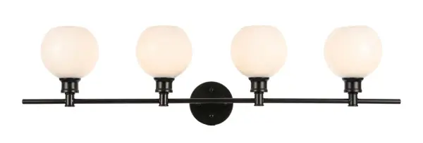 The Collier Collection of lights will be sure to have your guests admire your modern sense of style with the beautiful simplicity of its shape and form. The clean lines of the ball shaped shades create the juxtaposition of intricate simplicity, achieving a style that has both form and function. This wall lamp can be oriented facing up or down, but will always illuminate your room. Available in a brass, chrome, or black finish with either a clear or frosted ball glass shade, it is the perfect wall lamp to enhance your bathroom, foyer, or hallways, allowing you to always live a chic and fashionable lifestyle (light bulbs not included). Collection: Collier Rooms: Hallway, Living room, Bedroom, Bathroom, Entry Way, Finish: Black and Frosted white glass Glass: Frosted White Width: 8.00" Height: 9.80" Length: 37.60" Weight: 6.00 lb Wire: 11" Black and White Canopy: 4.7``x4.7``x1`` Number of Bulbs: 4 Maximum Wattage: 40.00 W Bulb Type: ST18 Bulb Base: E26 Dimmable Voltage: 110.00 V Material: Iron and Glass Country of Origin: China Safety Listing: ETL Safety Rating: Damp Title 20 Title 24 Manufacturer Warranty: 1 year limited Spec Sheet