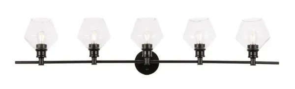 The Gene Collection of lights will be sure to have your guests admire your modern sense of style with the beautiful simplicity of its shape and form. The clean lines of the rhombus shaped shades create the juxtaposition of intricate simplicity, achieving a style that has both form and function. This wall lamp can be oriented facing up or down, but will always illuminate your room. Available in a brass, chrome, or black finish with either a clear or frosted rhombus glass shade, it is the perfect wall lamp to enhance your bathroom, foyer, or hallways, allowing you to always live in sleek contemporary style (light bulbs not included). Collection: Gene Rooms: Hallway, Living room, Bedroom, Bathroom, Entry Way, Finish: Black and Clear glass Glass: Clear Width: 8.00" Height: 10.20" Length: 47.00" Weight: 8.00 lb Wire: 11" Black and White Canopy: 4.7``x4.7``x1`` Number of Bulbs: 5 Maximum Wattage: 40.00 W Bulb Type: ST18 Bulb Base: E26 Dimmable Voltage: 110.00 V Material: Iron and Glass Country of Origin: China Safety Listing: ETL Safety Rating: Damp Title 20 Title 24 Manufacturer Warranty: 1 year limited Spec Sheet