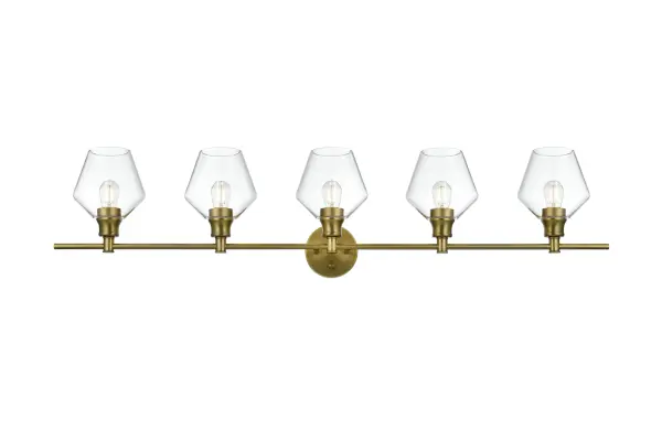 Dimensions
Length: 47"
Width: 8"
Height: 10.5"
Wire Length: 11"
Specifications
Assembly Required: yes
Bulb Included: No
Crystal/Glass Color: Clear
Dimmable: No
Distressed Finish: No
Dry/Wet/Damp: Damp
ETL: Yes
Finish (Color): Satin Gold
Fixture Material: Iron and Glass
Hardware Finish: Satin Gold
Harware Material: Iron
Max/Nominal Watt: 200W
Number of Lights: 5
Product Type: Vanity Lights
Product Warranty: 1 year limited
Socket Type: E26
UL & ULC Standard: No
Voltage: 110V - 125V
Wattage/Bulb: 40W
Weight: 10
Wire Included: Yes
Shipment type: Small parcel