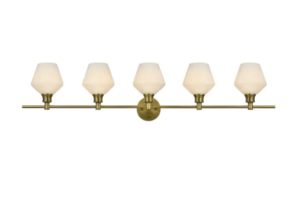 Dimensions
Length: 47"
Width: 8"
Height: 10.5"
Wire Length: 11"
Specifications
Assembly Required: yes
Bulb Included: No
Crystal/Glass Color: Clear
Dimmable: No
Distressed Finish: No
Dry/Wet/Damp: Damp
ETL: Yes
Finish (Color): Satin Gold
Fixture Material: Iron and Glass
Hardware Finish: Satin Gold
Harware Material: Iron
Max/Nominal Watt: 200W
Number of Lights: 5
Product Type: Vanity Lights
Product Warranty: 1 year limited
Socket Type: E26
UL & ULC Standard: No
Voltage: 110V - 125V
Wattage/Bulb: 40W
Weight: 10
Wire Included: Yes
Shipment type: Small parcel