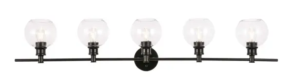 The Collier Collection of lights will be sure to have your guests admire your modern sense of style with the beautiful simplicity of its shape and form. The clean lines of the ball shaped shades create the juxtaposition of intricate simplicity, achieving a style that has both form and function. This wall lamp can be oriented facing up or down, but will always illuminate your room. Available in a brass, chrome, or black finish with either a clear or frosted ball glass shade, it is the perfect wall lamp to enhance your bathroom, foyer, or hallways, allowing you to always live a chic and fashionable lifestyle (light bulbs not included). Collection: Collier Rooms: Hallway, Living room, Bedroom, Bathroom, Entry Way, Finish: Black and Clear glass Glass: Clear Width: 8.00" Height: 9.80" Length: 47.00" Weight: 8.00 lb Wire: 11" Black and White Canopy: 4.7``x4.7``x1`` Number of Bulbs: 5 Maximum Wattage: 40.00 W Bulb Type: ST18 Bulb Base: E26 Dimmable Voltage: 110.00 V Material: Iron and Glass Country of Origin: China Safety Listing: ETL Safety Rating: Damp Title 20 Title 24 Manufacturer Warranty: 1 year limited Spec Sheet