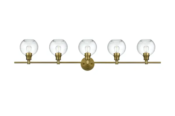Dimensions
Length: 47"
Width: 8"
Height: 10"
Wire Length: 11"
Specifications
Assembly Required: yes
Bulb Included: No
Crystal/Glass Color: Clear
Dimmable: No
Distressed Finish: No
Dry/Wet/Damp: Damp
ETL: Yes
Finish (Color): Satin Gold
Fixture Material: Iron and Glass
Hardware Finish: Satin Gold
Harware Material: Iron
Max/Nominal Watt: 200W
Number of Lights: 5
Product Type: Vanity Lights
Product Warranty: 1 year limited
Socket Type: E26
UL & ULC Standard: No
Voltage: 110V - 125V
Wattage/Bulb: 40W
Weight: 8
Wire Included: Yes
Shipment type: Small parcel