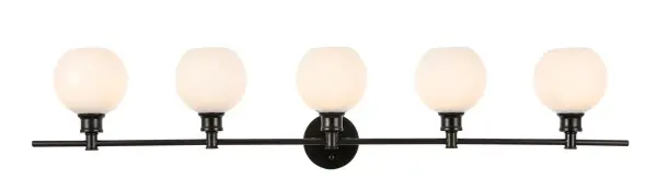 The Collier Collection of lights will be sure to have your guests admire your modern sense of style with the beautiful simplicity of its shape and form. The clean lines of the ball shaped shades create the juxtaposition of intricate simplicity, achieving a style that has both form and function. This wall lamp can be oriented facing up or down, but will always illuminate your room. Available in a brass, chrome, or black finish with either a clear or frosted ball glass shade, it is the perfect wall lamp to enhance your bathroom, foyer, or hallways, allowing you to always live a chic and fashionable lifestyle (light bulbs not included). Collection: Collier Rooms: Hallway, Living room, Bedroom, Bathroom, Entry Way, Finish: Black and Frosted white glass Glass: Frosted White Width: 8.00" Height: 9.80" Length: 47.00" Weight: 8.00 lb Wire: 11" Black and White Canopy: 4.7``x4.7``x1`` Number of Bulbs: 5 Maximum Wattage: 40.00 W Bulb Type: ST18 Bulb Base: E26 Dimmable Voltage: 110.00 V Material: Iron and Glass Country of Origin: China Safety Listing: ETL Safety Rating: Damp Title 20 Title 24 Manufacturer Warranty: 1 year limited Spec Sheet