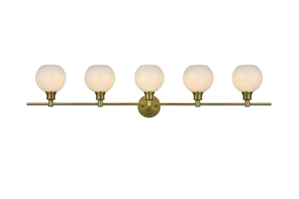 Dimensions
Length: 47"
Width: 8"
Height: 10"
Wire Length: 11"
Specifications
Assembly Required: yes
Bulb Included: No
Crystal/Glass Color: Clear
Dimmable: No
Distressed Finish: No
Dry/Wet/Damp: Damp
ETL: Yes
Finish (Color): Satin Gold
Fixture Material: Iron and Glass
Hardware Finish: Satin Gold
Harware Material: Iron
Max/Nominal Watt: 200W
Number of Lights: 5
Product Type: Vanity Lights
Product Warranty: 1 year limited
Socket Type: E26
UL & ULC Standard: No
Voltage: 110V - 125V
Wattage/Bulb: 40W
Weight: 8
Wire Included: Yes
Shipment type: Small parcel