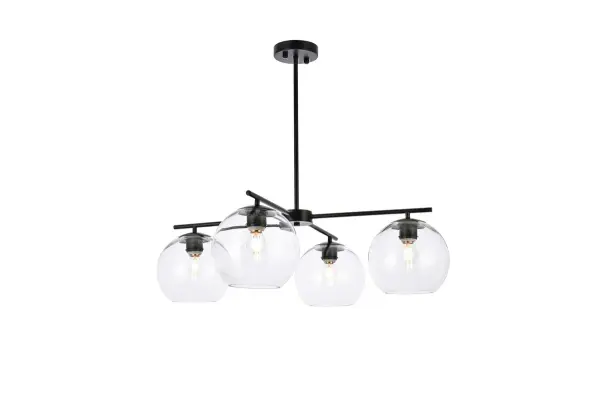 The Opus Collection includes a pendant lamp that gives a bubble effect. With its rounded glass, the ball protects the bulb which lights up and shines through. Place this in anywhere and the fixture will speak for itself. This fixture is dimmable, requires four E26 lamps, and comes in three different finishes--- black, brass, and chrome. Light bulbs not included. Collection: Opus Rooms: Dining room, Living room, Bedroom, Bathroom, Entry Way, Closet Finish: Black and Clear Glass: Clear Width: 30.70" Height: 8.60" Length: 30.70" Weight: 8.00 lb Chain: 46`` Wire: 59" Black Rod: L6"+L12"+L12"+L16" Canopy: 4.7"x1"x4.7" Number of Bulbs: 4 Maximum Wattage: 40.00 W Bulb Type: E26 Bulb Base: E26 Dimmable Voltage: 110.00 V Material: Iron and Glass Country of Origin: China Safety Listing: ETL Safety Rating: Damp Title 20 Title 24 Manufacturer Warranty: 1 year limited Spec Sheet